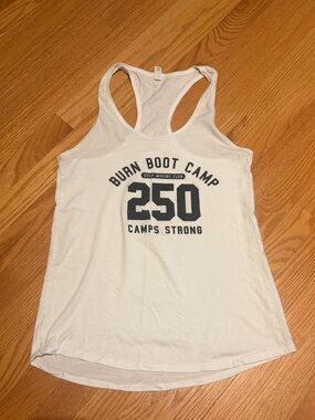 Burn Boot Camp White Racerback Tank Top with '250 Camps Strong' Graphic